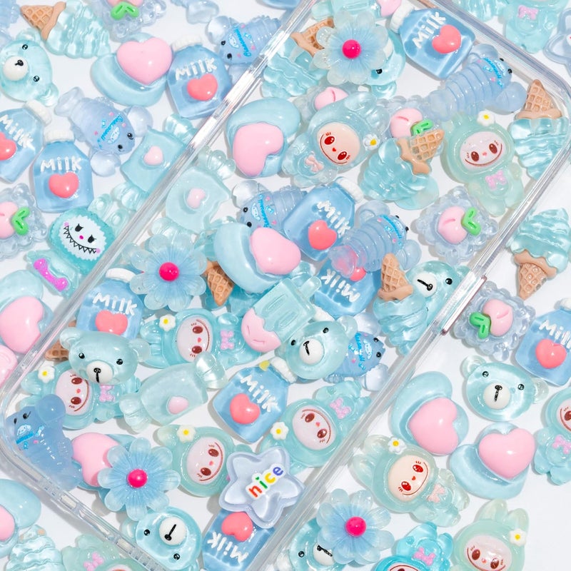 Decoden Charms 100PCS Mixed Kawaii Flatback Resin Charms for Crafts, Cabochon for DIY Projects, Slime Charm, Resin Art, Scrapbooking, Phone Case & Accessories (Blue) - Image 1